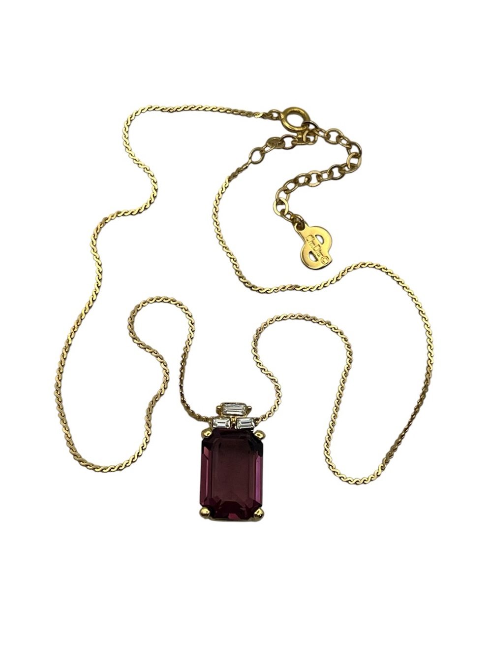 Christian Dior purple rectangle rhinestone gold tone vintage chain necklace